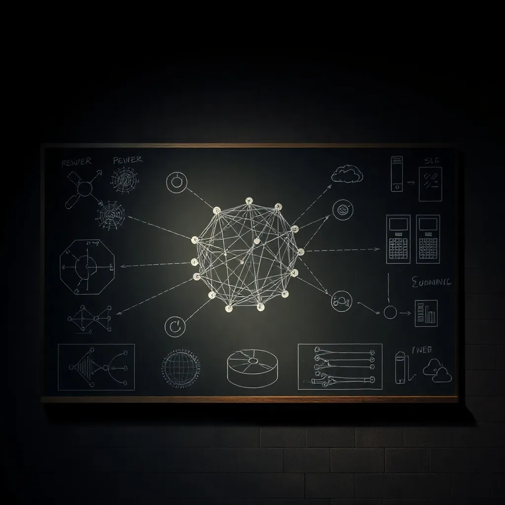 A technical diagram on a blackboard in a dark room, technica