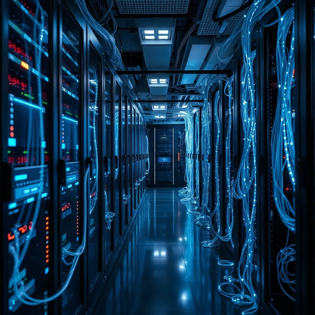 High-tech server room with glowing blue and white data cable