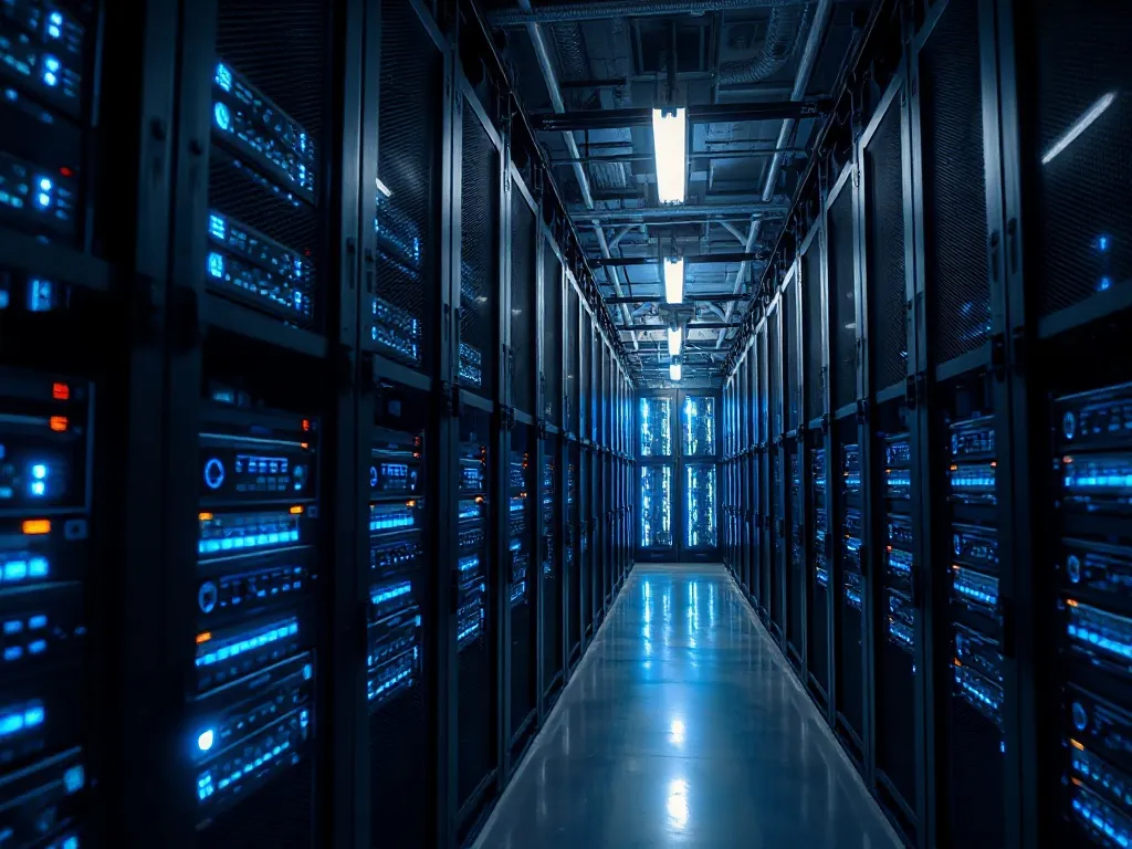 Industrial high-tech server room with glowing blue led light